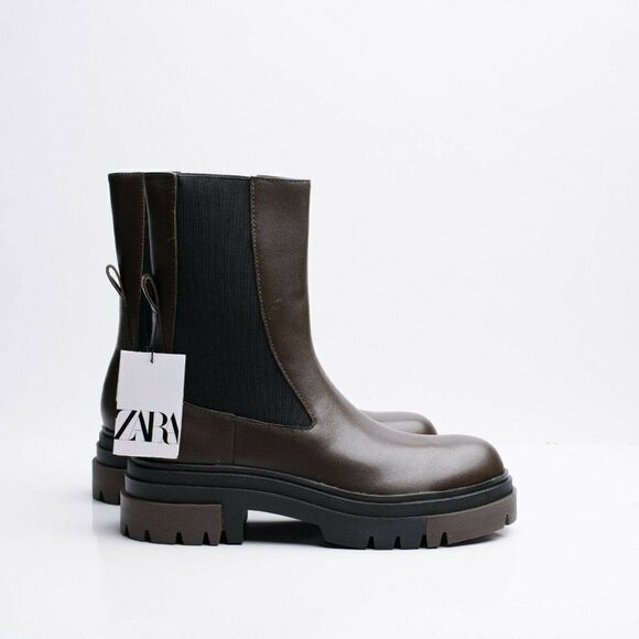 Zara Womens Chelsea Khaki Leather Ankle Boots Lug Soles EU 38 US 7.5 1176/810 - Picture 8 of 10